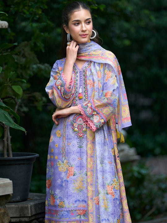 Indo Era Purple Printed Straight Kurta Trousers With Dupatta Set