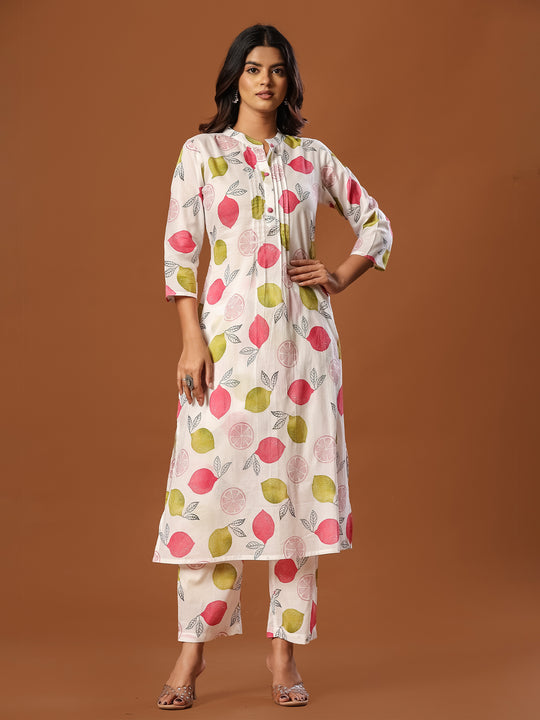 Indo Era White Printed Straight Kurta Trousers Set