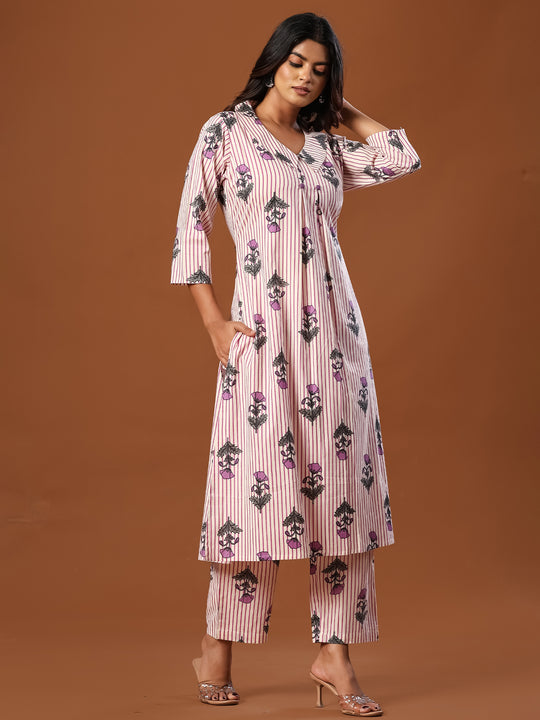 Indo Era Pink Printed A-Line Kurta Trousers Set