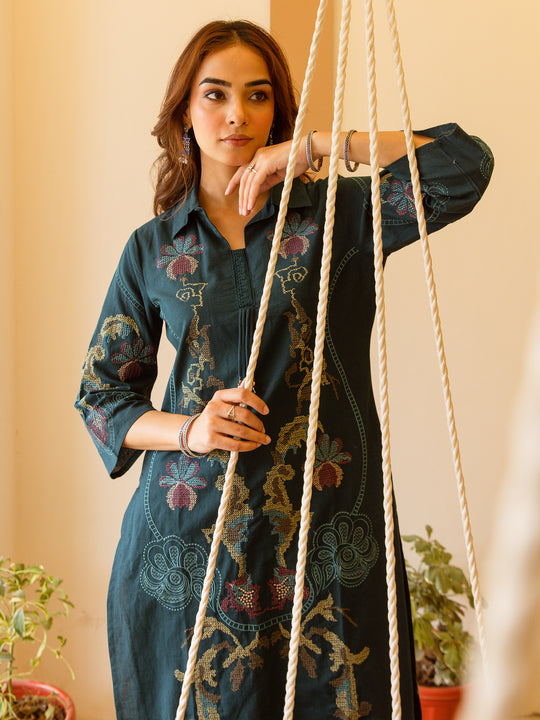 Indo Era Teal Embroidered Straight Kurta Palazzos Set