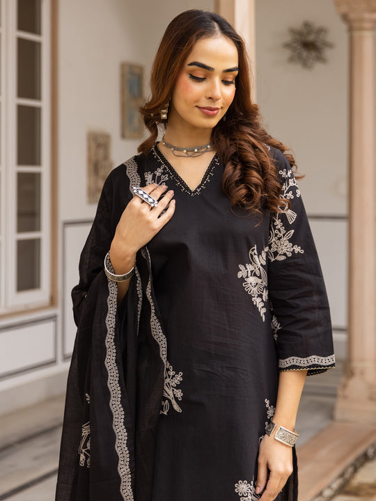 Indo Era Black Embroidered Straight Kurta Trousers With Dupatta Set