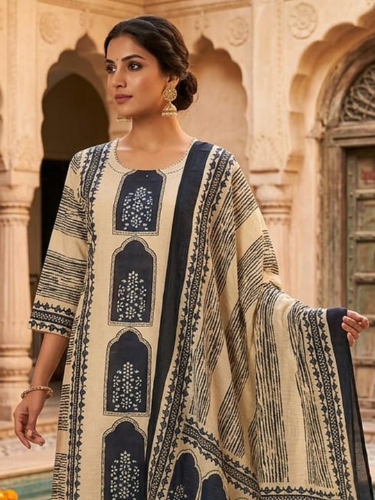 Indo Era Cream Printed Straight Kurta Trousers With Dupatta Set