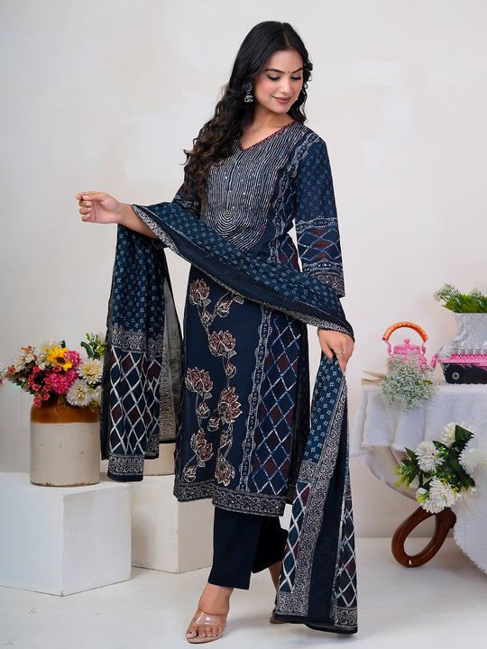 Indo Era Blue Printed Straight Kurta Trousers With Dupatta Set