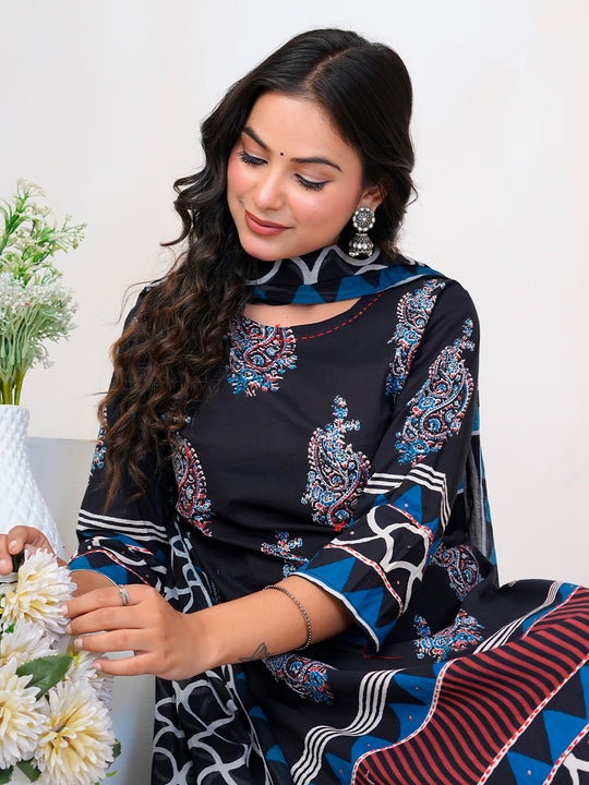 Indo Era Black Printed Straight Kurta Trousers With Dupatta Set