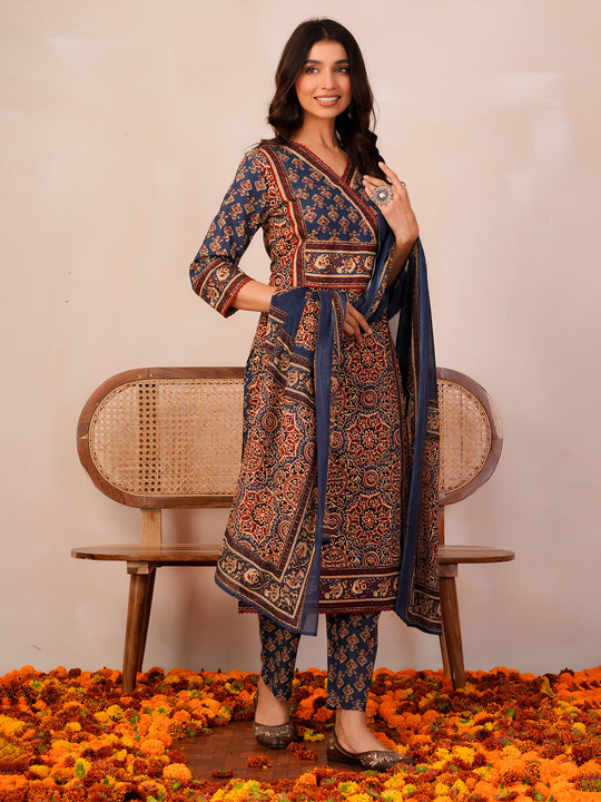 Indo Era Rust Printed Straight Kurta Trousers With Dupatta Set