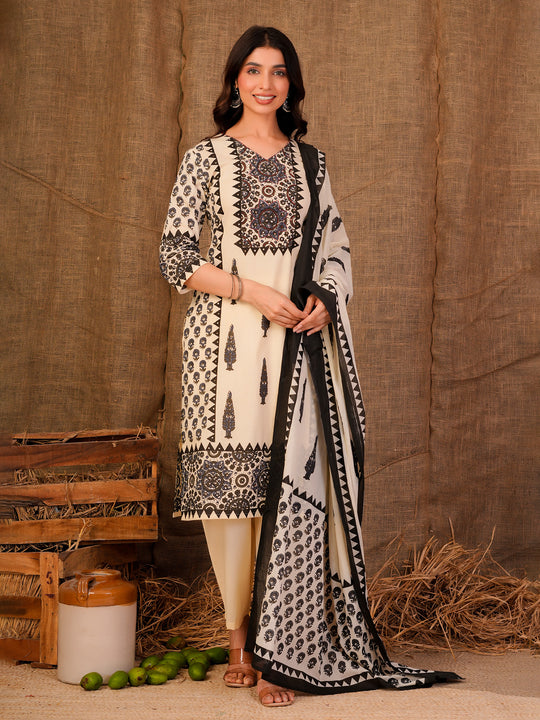 Indo Era Cream Printed Straight Kurta Trousers With Dupatta Set