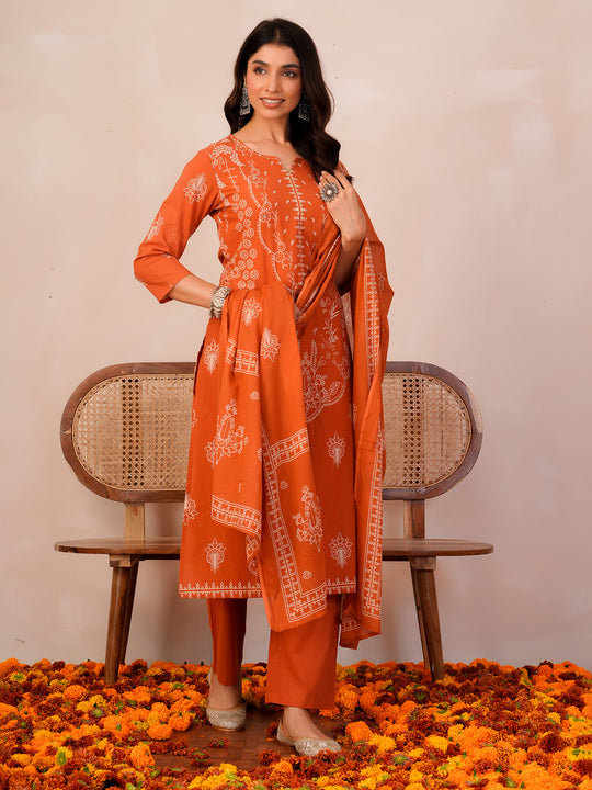 Indo Era Orange Printed Straight Kurta Trousers With Dupatta Set