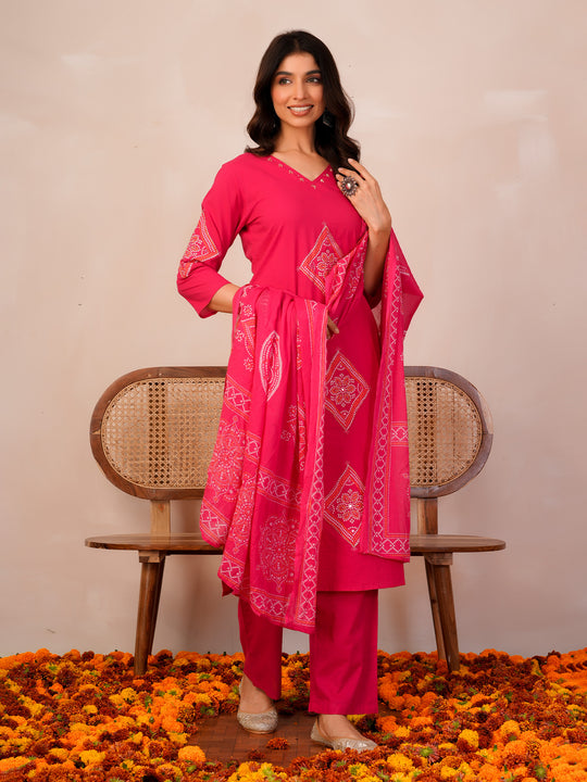 Indo Era Pink Printed Straight Kurta Trousers With Dupatta Set