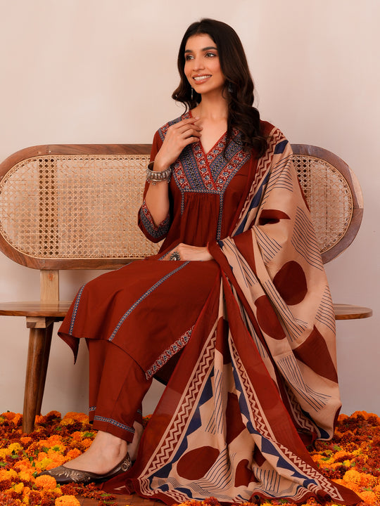 Indo Era Rust Printed A-Line Kurta Trousers With Dupatta Set