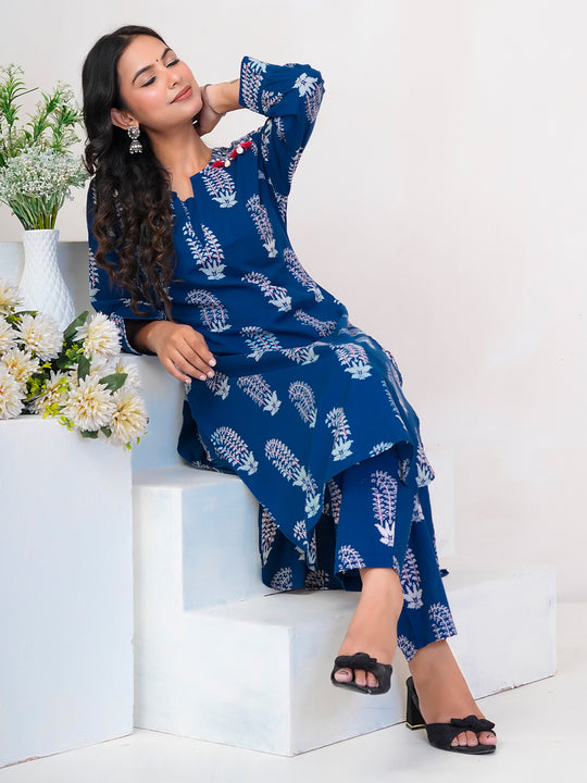 Indo Era Blue Printed Straight Kurta Trousers Set