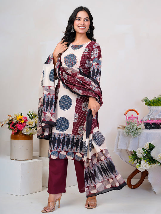 Indo Era Rust Printed Straight Kurta Trousers With Dupatta Set