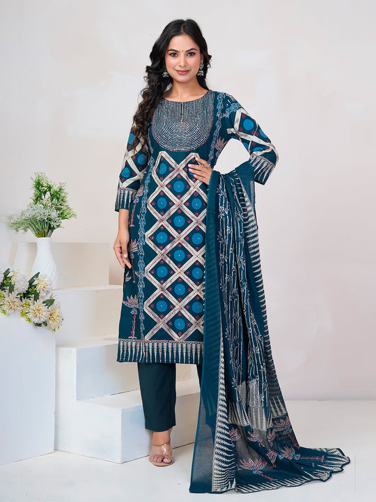 Indo Era Blue Printed Straight Kurta Trousers With Dupatta Set