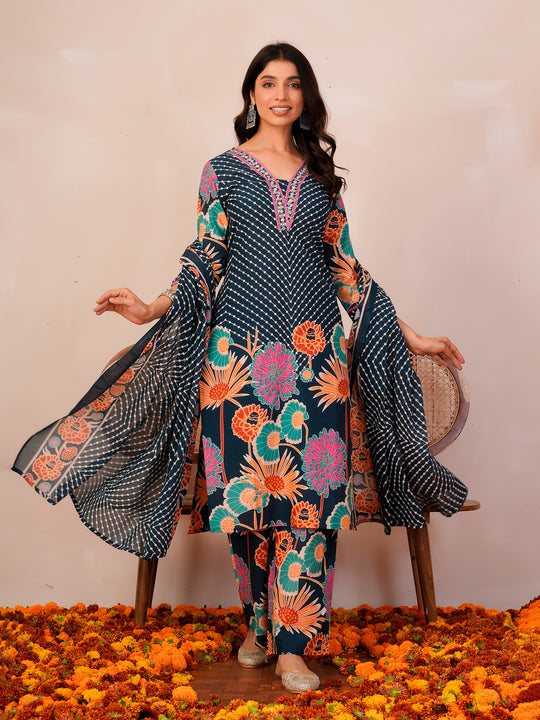 Indo Era Blue Printed Straight Kurta Trousers With Dupatta Set