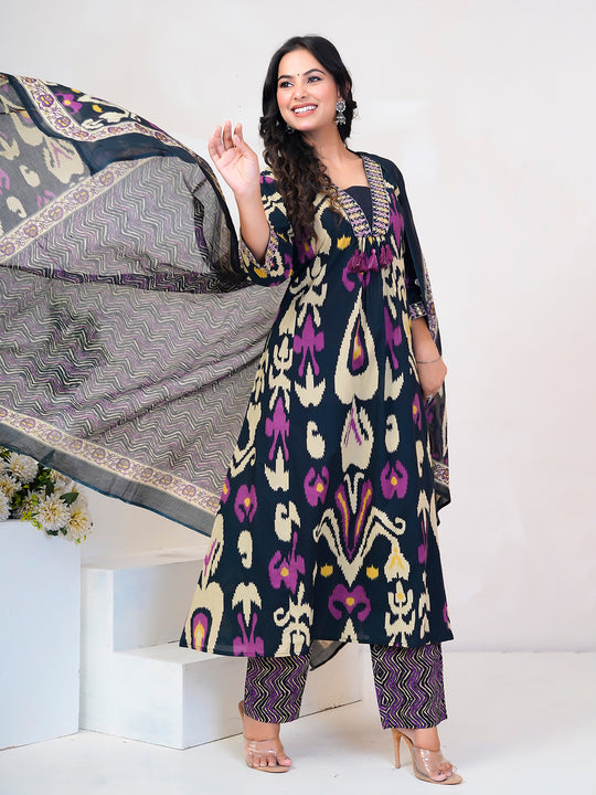 Indo Era Black Embroidered A-Line Kurta Trousers With Dupatta Set