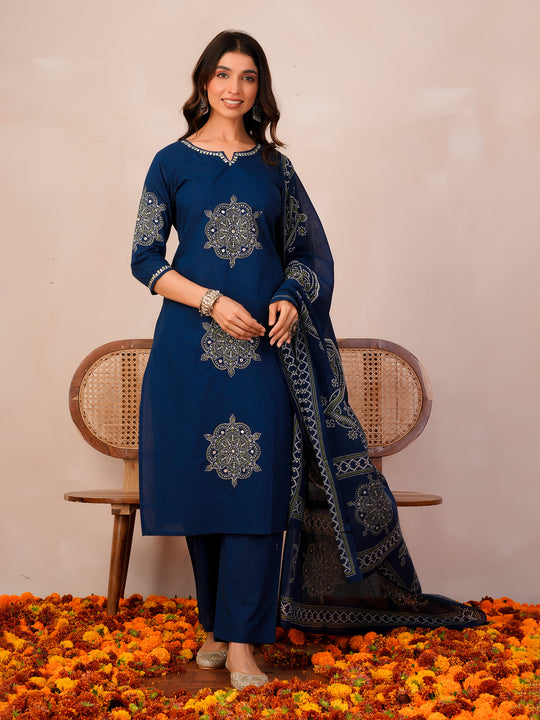 Indo Era Blue Printed Straight Kurta Trousers With Dupatta Set