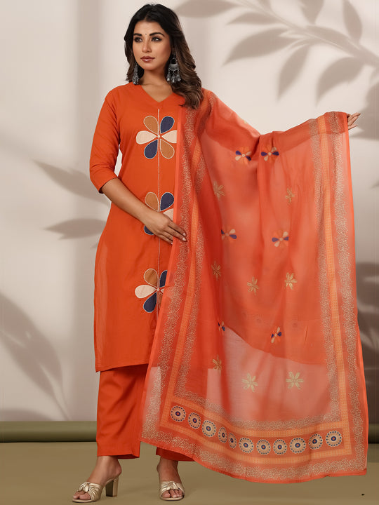 Indo Era Orange Embroidered Straight Kurta Trousers With Dupatta Set