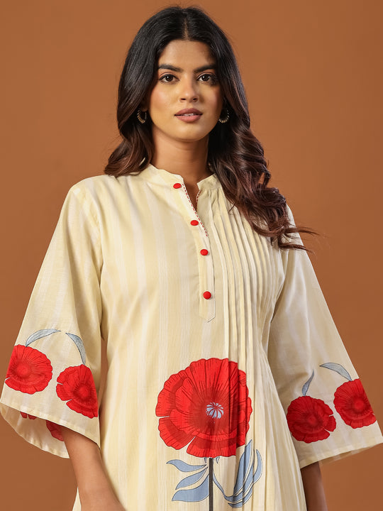 Indo Era Off White Printed A-Line Kurta Trousers Set