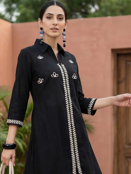 Indo Era Black Embroidered A-Line Kurta Palazzos Set
