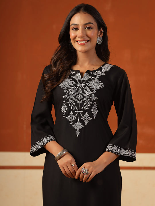 Indo Era Black Embroidered Straight Kurtas