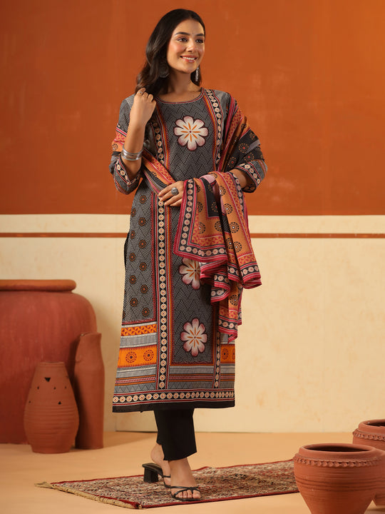 Indo Era Black Printed Straight Kurta Trousers With Dupatta Set