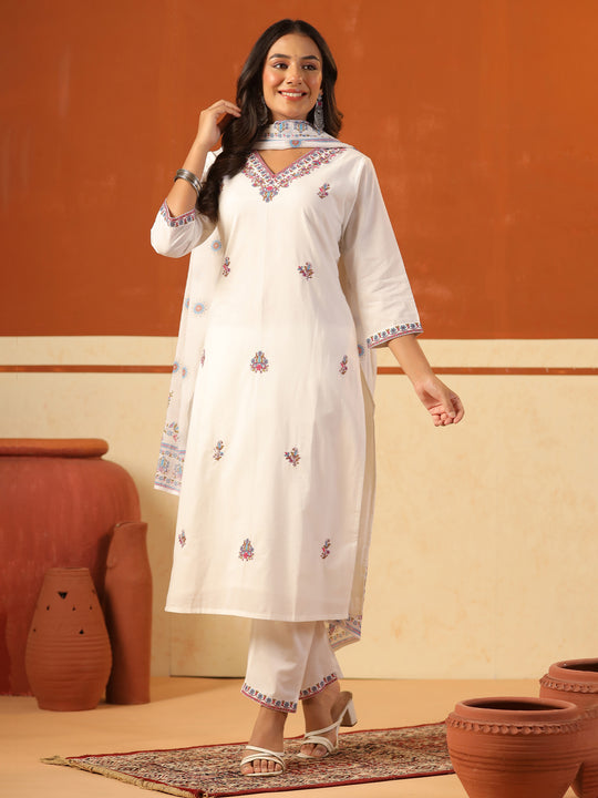 Indo Era White Embroidered Straight Kurta Trousers With Dupatta Set