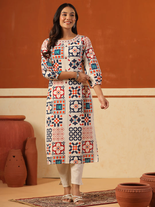 Indo Era Off White Printed Straight Kurta Trousers Set