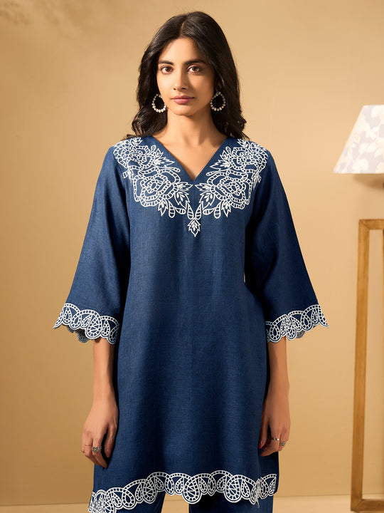 Indo Era Blue Embroidered Straight Kurta Palazzos Set