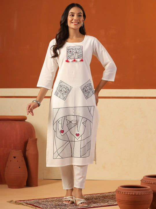 Indo Era Off White Printed Straight Kurta Trousers Set