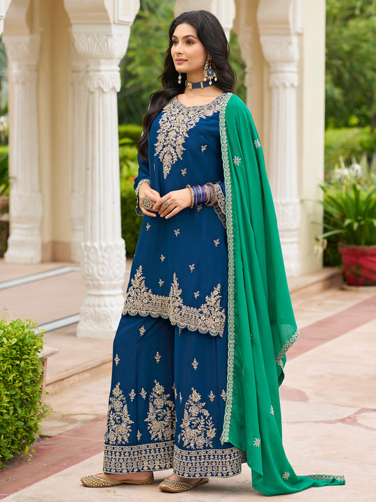 Indo Era Navy Blue Embroidered Straight Kurta Palazzos With Dupatta Set