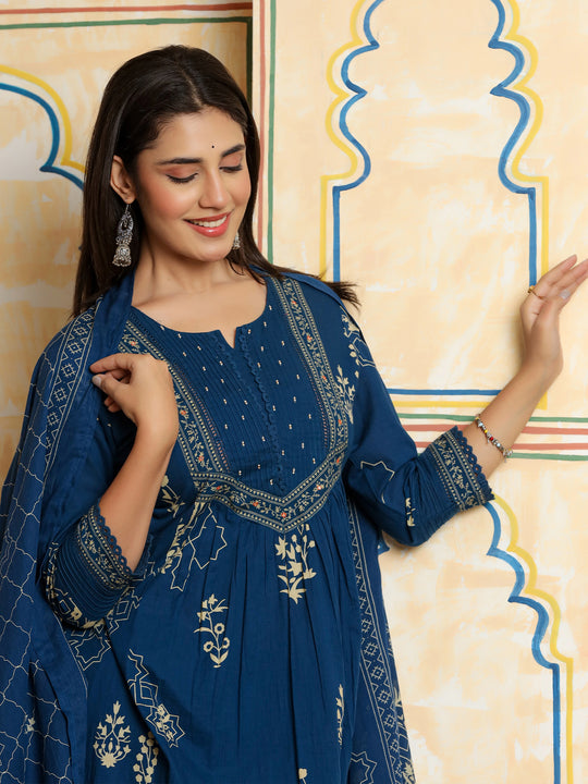 Indo Era Blue Printed A-Line Kurta Trousers With Dupatta Set