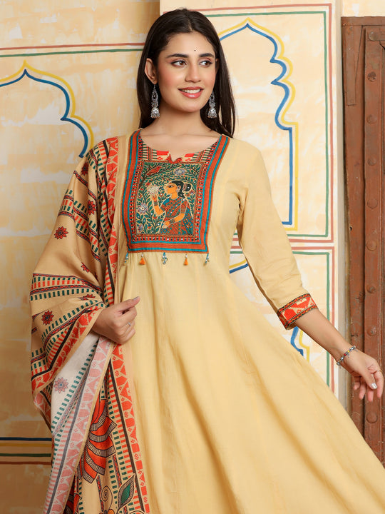 Indo Era Beige Printed Anarkali Kurta Trousers With Dupatta Set