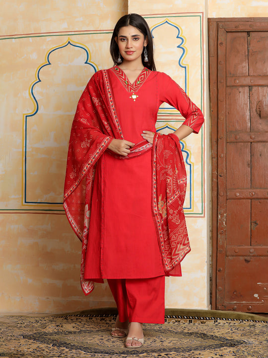 Indo Era Red Printed A-Line Kurta Trousers With Dupatta Set