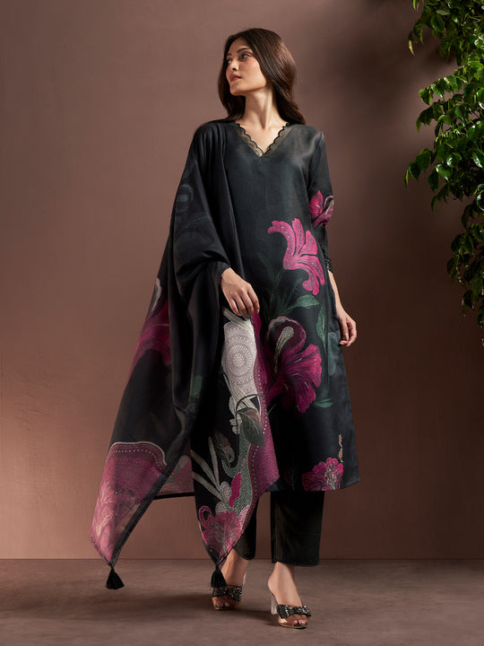 Indo Era Black Printed Straight Kurta Trousers With Dupatta Set