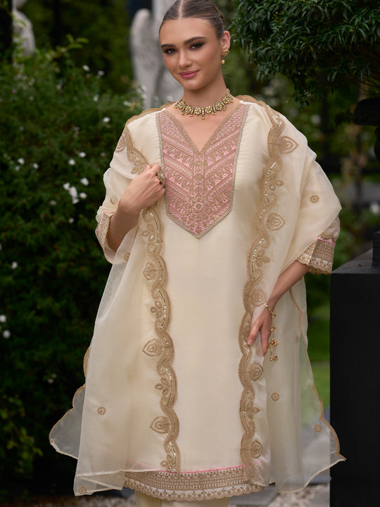 Indo Era Cream Embroidered Straight Kurta Trousers With Dupatta Set