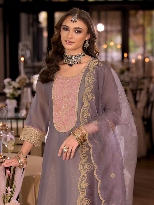Indo Era Grey Embroidered Straight Kurta Trousers With Dupatta Set