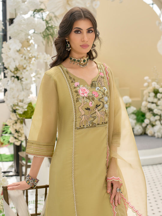 Indo Era Green Embroidered A-Line Kurta Trousers With Dupatta Set