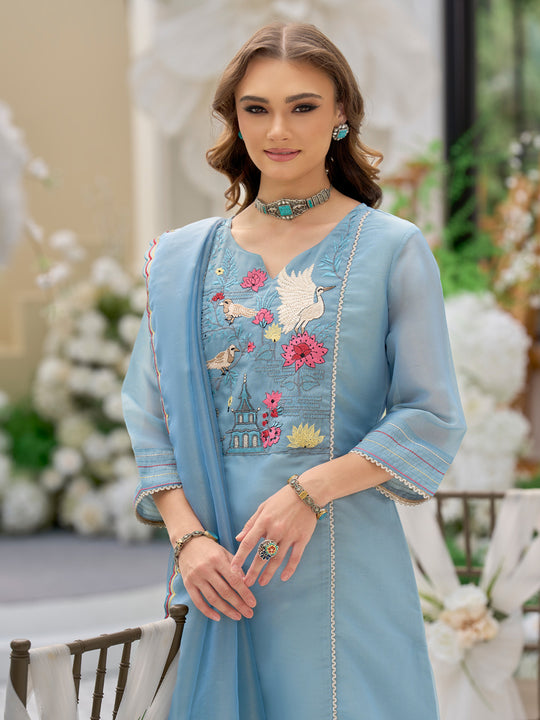 Indo Era Blue Embroidered A-Line Kurta Trousers With Dupatta Set