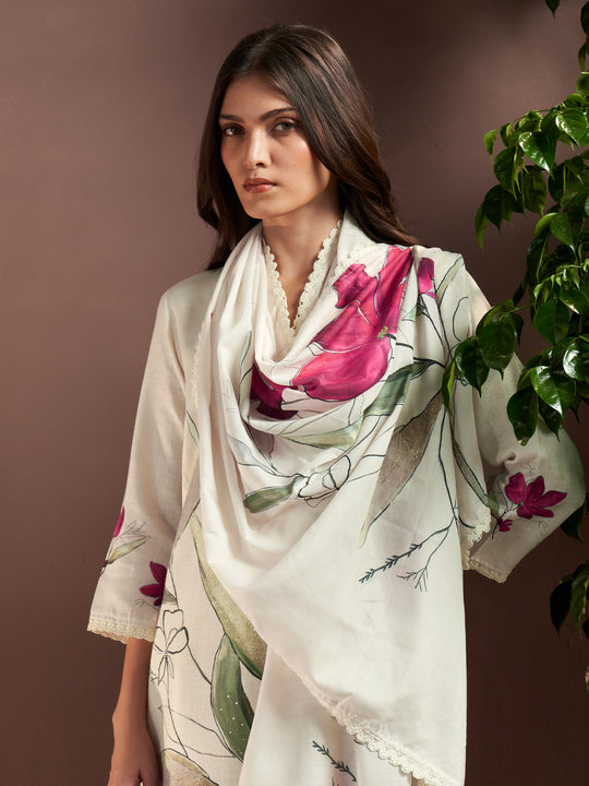Indo Era Off White Printed Straight Kurta Trousers With Dupatta Set