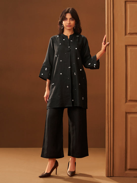 Indo Era Black Embroidered Straight Kurta Trousers Set