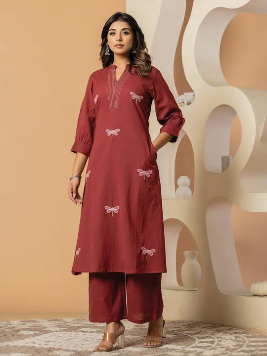 Indo Era Maroon Embroidered A-Line Kurta Palazzos Set