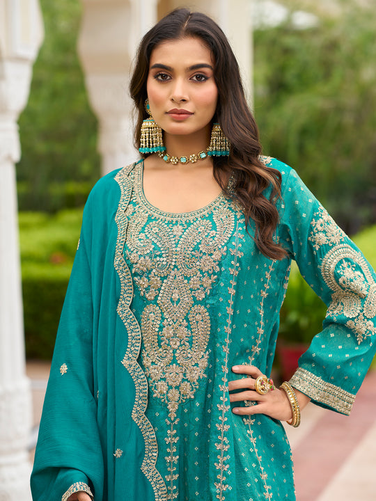 Indo Era Teal Embroidered A-Line Kurta Palazzos With Dupatta Set