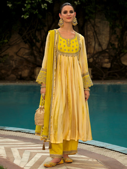 Yellow Embroidered Silk Crepe A-Line Suit Sets With Dupatta