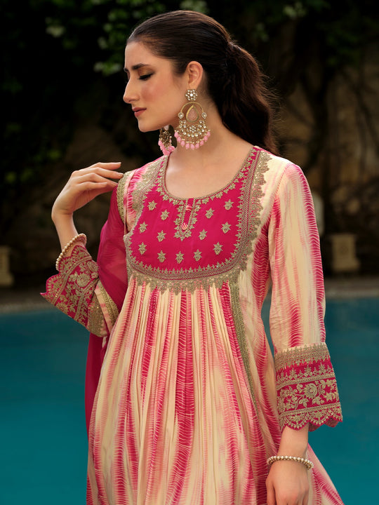Pink Embroidered Silk Crepe A-Line Suit Sets With Dupatta