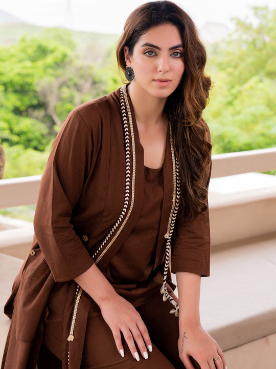 Brown Solid Pure Cotton Straight Top Palazzo Set