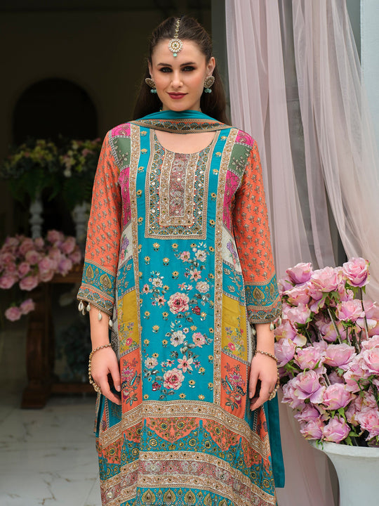 Multi Printed Pure Silk A-Line Kurta Palazzos With Dupatta