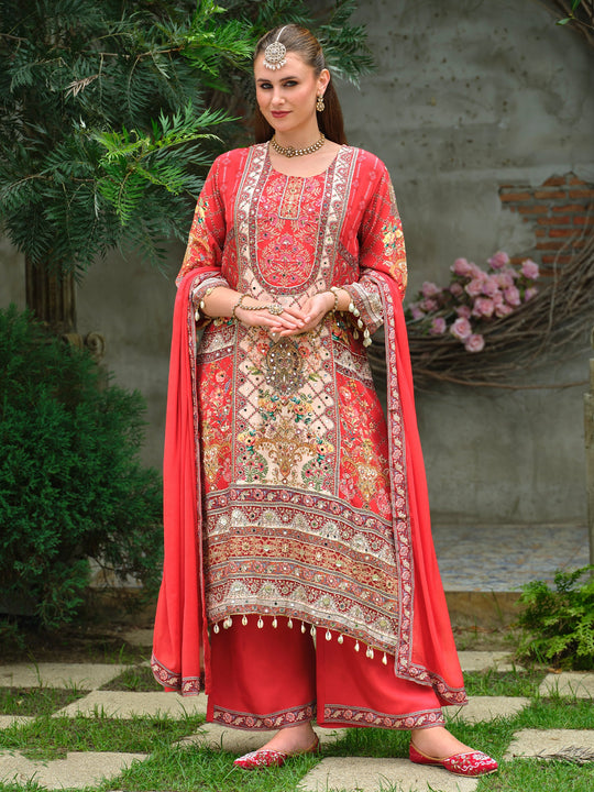 Red Printed Pure Silk A-Line Kurta Palazzos With Dupatta