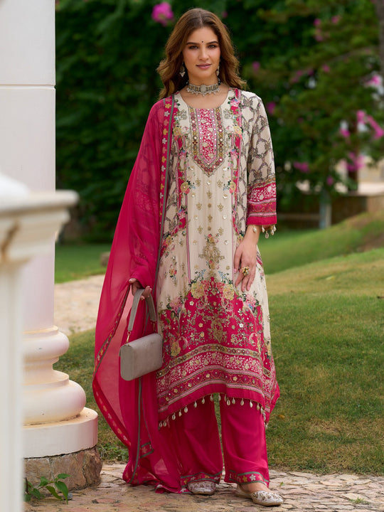Pink Printed Pure Silk A-Line Kurta Palazzos With Dupatta