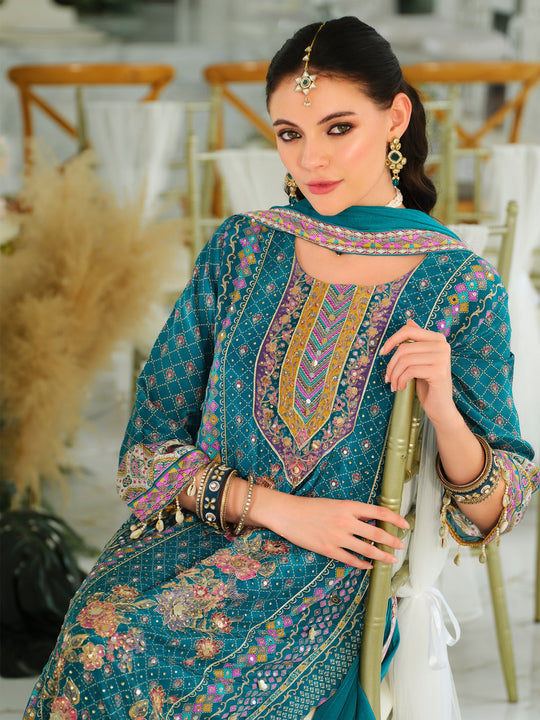 Teal Printed Pure Silk A-Line Kurta Palazzos With Dupatta