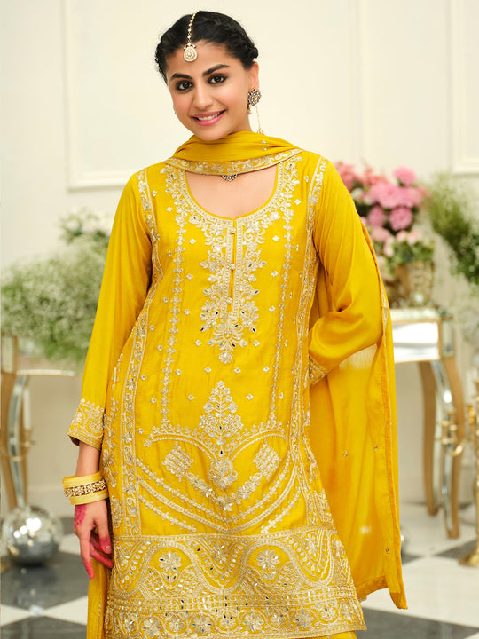 Yellow Embroidered Chinon Straight Kurta Palazzos With Dupatta