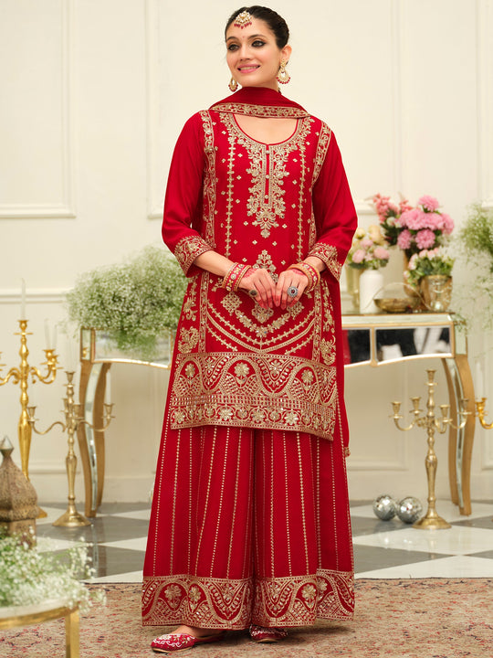 Red Embroidered Chinon Straight Kurta Palazzos With Dupatta